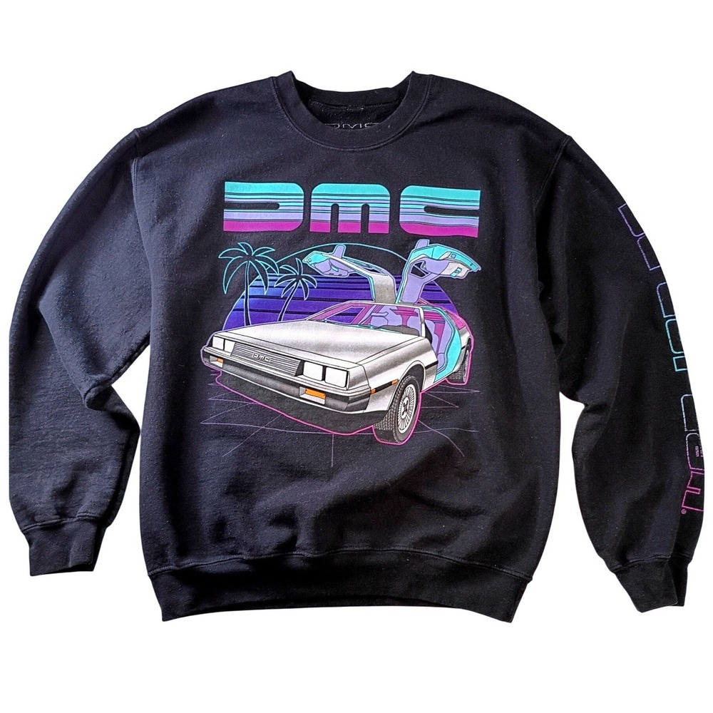 DMC DeLorean Graphic Sweatshirt Mens Medium Black Retro 80s Synthwave Crewneck